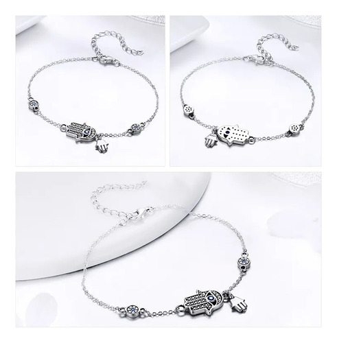 Pulsera Protección Mano De Fátima Y Ojo Turco Plata S925