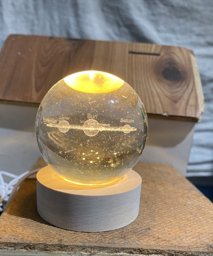 Lámpara 3d De Noche, Base De Madera Y Bola De Cristal