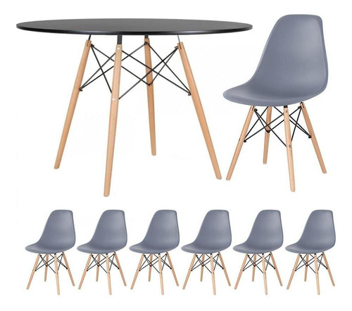 Kit Mesa Jantar Eames Wood 120 Cm 6 Cadeiras Eiffel  Cores Cor da tampa Mesa preto com cadeiras cinza escuro