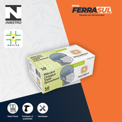 Imagem 2 de 5 de Máscara Descartável Tripla C/ Clipe Nasal Descarpack 50 Unid