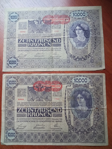 Lote 2 Billetes Zehntausend Kronen Austria Hungría 1918 B+ (Usado)