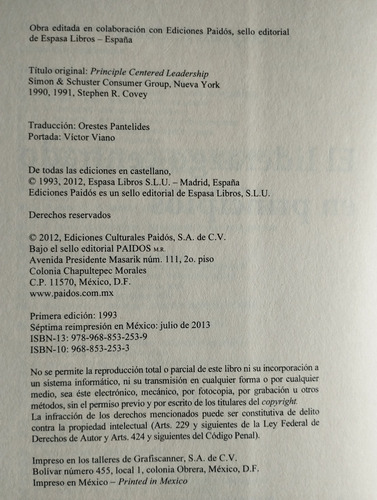 El Liderazgo Centrado En Principios Libro Stephen R Covey O (Usado)
