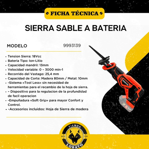 Imagen 3 de 10 de Sierra Sable Inalambrica Con Batería Recargable 18v Dowen