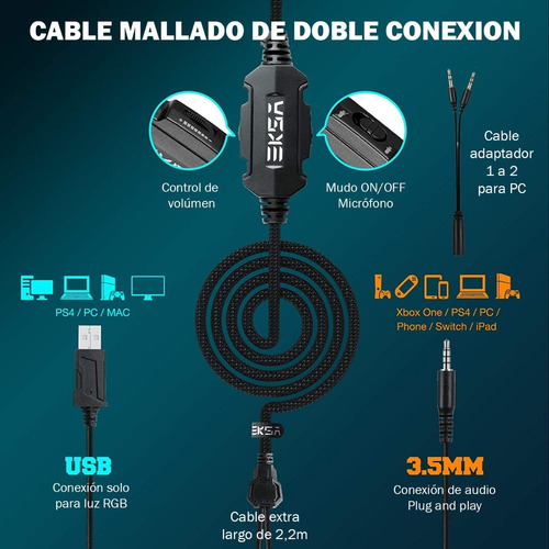 Imagen 6 de 10 de Auriculares Gamer Eksa E3000 Rgb Multiplataforma Pc Ps4 Xbox