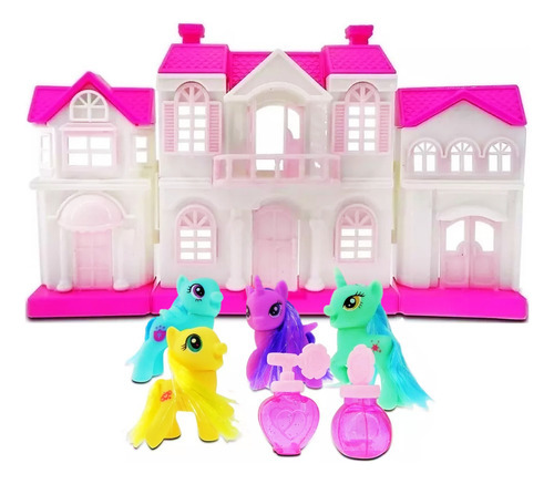 Pony Fashion House X 4 Unicornio + Casa Super Cla Fdla23-5 Color Rosa