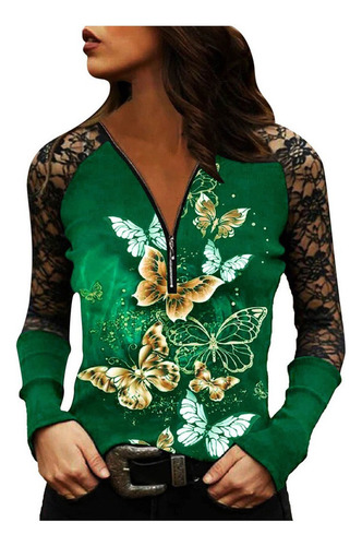 Mujer Tops Manga Larga Estampado Mariposa Cremallera Cuello