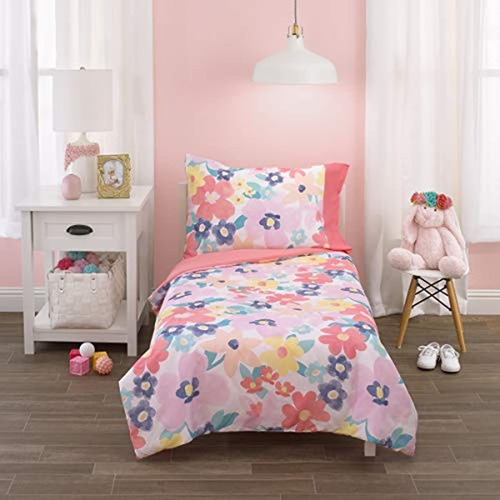 Juego De Cama De 4 Piezas, Rosa, Naranja Y Menta Floral