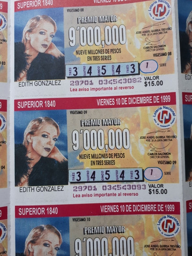 Edith González Billetes Lotería Nacional Serie Entera 1999