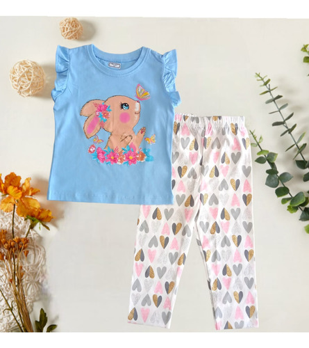 Conjunto Niña Blusa Conejo Y Malla - Leggins Corazones
