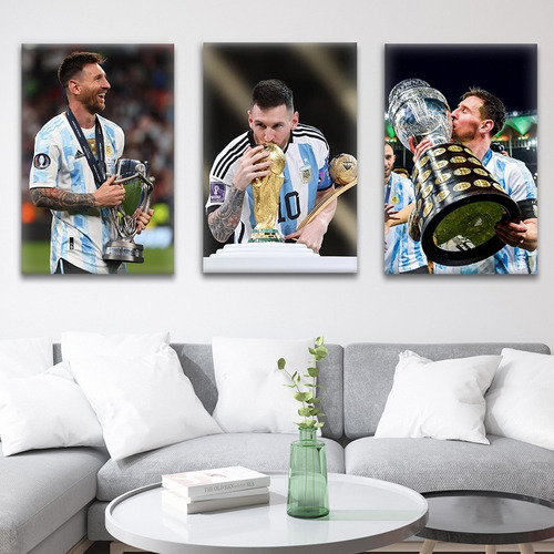 Cuadro Tríptico Decorativo Moderno 100x45cm Messi Copas