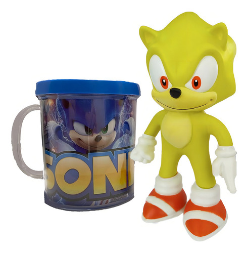 Boneco Sonic Amarelo Collection Com Caneca Personalizada