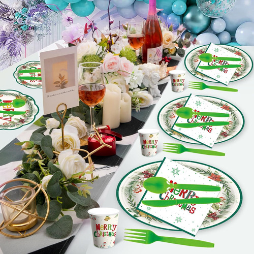 168 Pcs Platos Y Servilletas De Papel Navideños, Platos De P