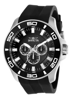 Relógio de pulso Invicta Pro Diver 28000 com corpo prata, analógico, para masculino, fundo preto, com correia de silicone cor preto, agulhas cor prata e branco, subdials de cor branco e prata, subes