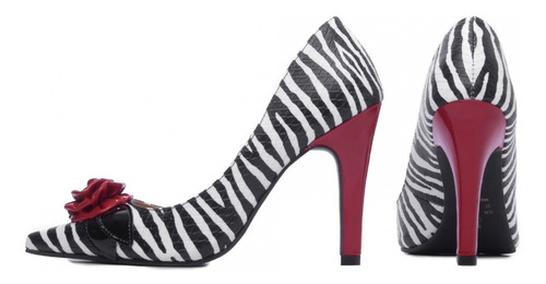 Imagem 3 de 5 de Sapato Feminino Fechado Salto Alto Estampa Zebra Enfeit Flor