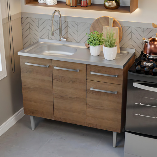 Armário De Cozinha Compacta 165cm Com Pia Emilly Madesa 09 R Cor Rustic