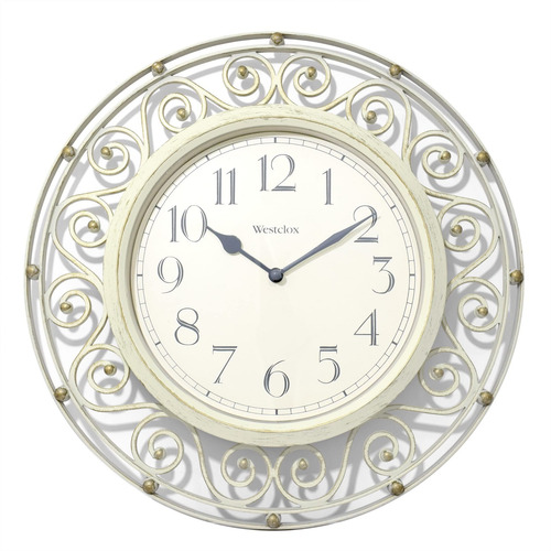 Elegante Reloj Pared Hierro Forjado Blanco Dorado #