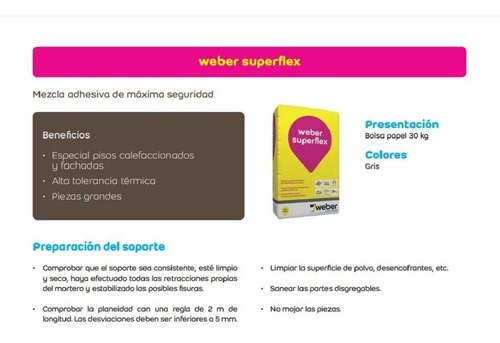 Imagen 3 de 8 de Pegamento Weber Superflex 30 Kg Interior-exterior Transitabl