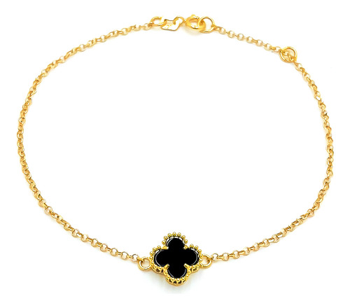 Pulseira Portuguesa Em Ouro 18k Pingente Trevo Onix Natural Cor Amarelo