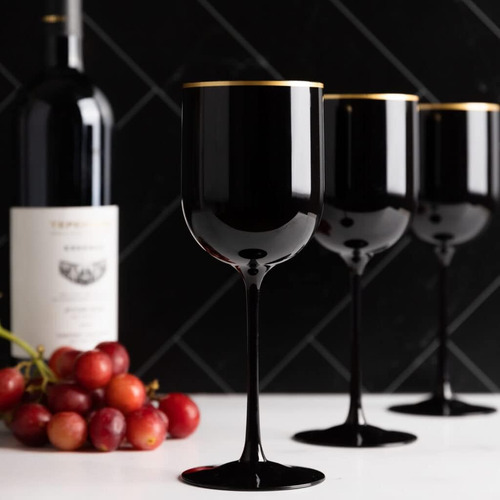 Party Bargains Copas De Vino De 12 Oz - Negras Con Borde Dor