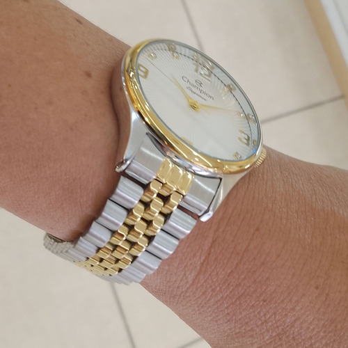 Relogio Champion Feminino Dourado Prata Grande Misto Bicolor