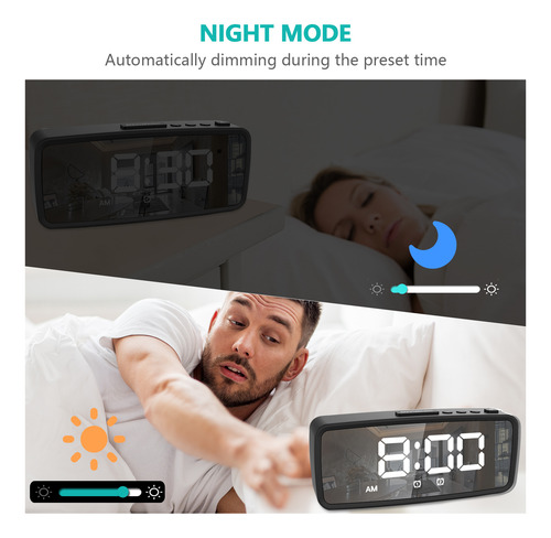 Reloj Despertador Digital, Pantalla Led Con Espejo De 5.1 Pu