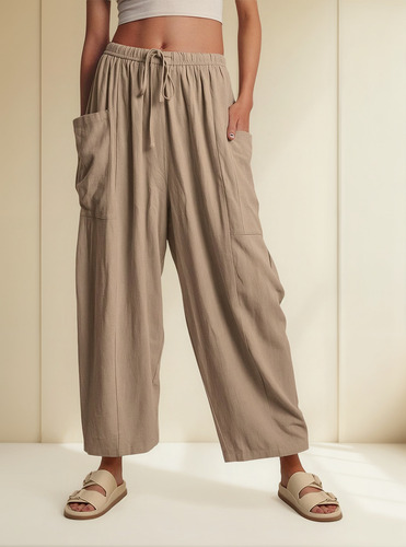 Pantalones Anchos Con Cordón De Lino Y Algodón Para Mujer