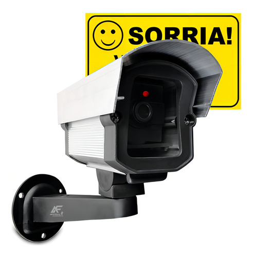 Conjunto Câmera Falsa Segurança C/ Led Biv + Placa Sorria Cor Alumínio/preto