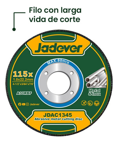 Disco De Corte Metal 4 Pulgadas 115x1.0mm 5 Piezas Jadever