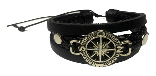 Pulseira Masculina Feminina De Couro Preto Bússola Regulável