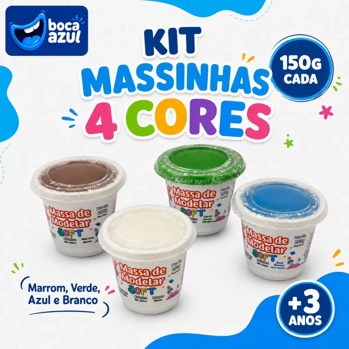 Kit Massinha Modelar 4 Cores Massinha de Modelar Infantil Soft 4 Potes 150g Cada Azul Verde Branco Marrom Massa de Modelar Escolar Potes de Massinha Brinquedo Infantil para Crianças Brincar Boca Azul