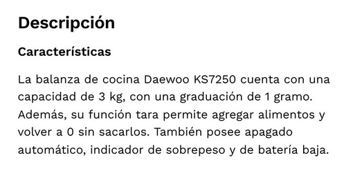 Imagen 3 de 7 de Balanza De Cocina Digital Daewoo Ks7250 Pesa Hasta 3 Kilos