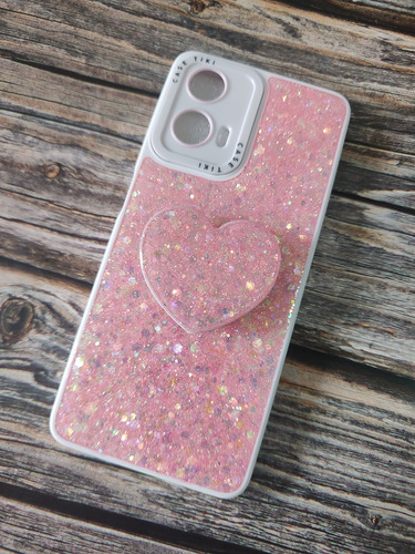 Funda De Brillo Y Pop De Corazón Para Motorola G24 G24power Blanco-rosa