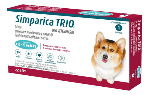 Antipulgas Garrapatas Desparasitante Simparica Trio 10-20 Kg