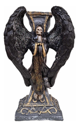 Santa Muerte Negra Ritualizada Angel En Cruz 36 Cm Resina 
