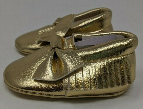 Gold Baby Moccasins With Bow Fringe Soft Bottom (size Smal