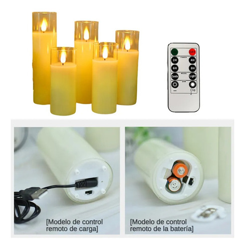 5pz Recargable Velas Led Parpadeantes Sin Llama Con Vidrio