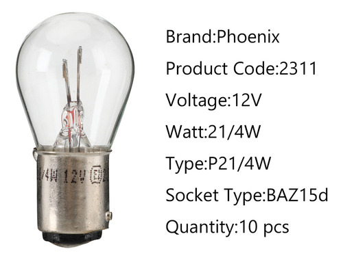 10 Lámpara Automotriz Phoenix P21/4w 12v21/4w Baz15d