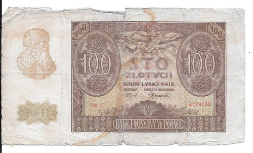 Liquido Billete De Polonia. 100 Zlotych 1940