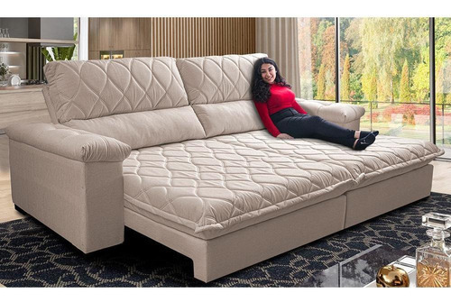 Sofá Retrátil 2,95m Pocket Cama Inbox Big Home Bege Claro