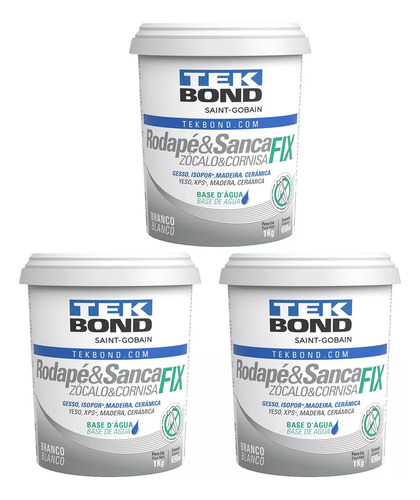 Kit 3 Colas Rodapé E Sanca Fix Moldura Base Água 1kg Forte Cor Branco