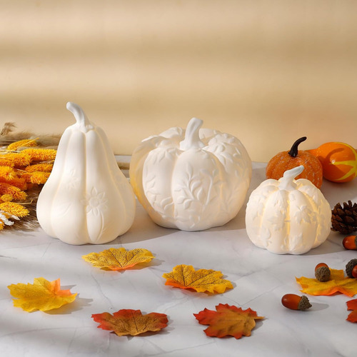 Juego De 3 Calabazas Grandes De Cerámica Con Luz, Calabazas