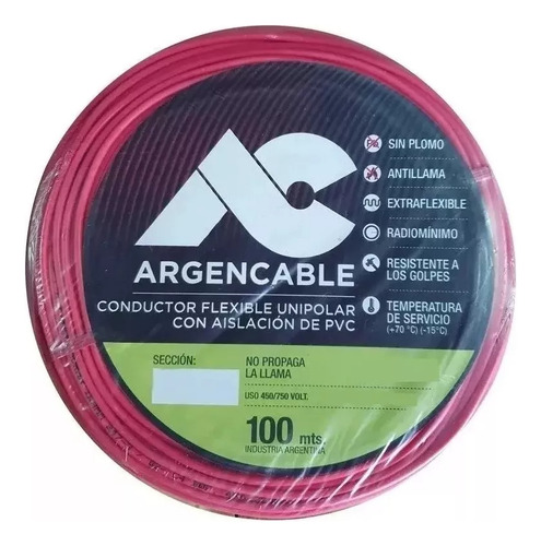 Cable Unipolar Argencable 6mm Rollo 100mts Rojo