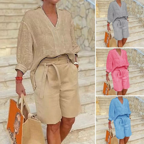Conjunto De Pantalones Casuales De Algodón Y Lino Para Mujer