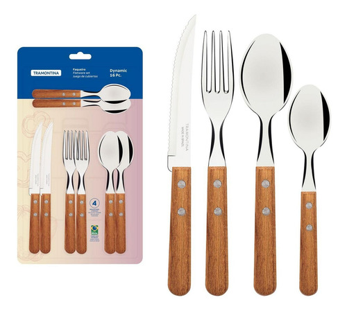 Juego 16 Cubiertos Tramontina Dynamic Acero Inox Mango Madera Cuchillo Tenedor Cuchara Cucharita 32200373
