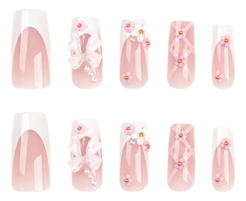 Elegante Conjunto De Unhas Prensadas Com Laço De Pérola Fran