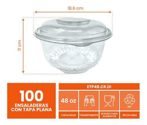 Ensaladera Con Tapa Plana 48 Oz Pet Reciclable Wow 25 Jgs Color Blanco