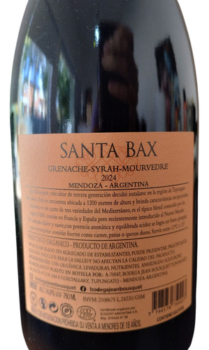Vino Orgánico Santa Bax Gsm Garnacha, Syrah Y Mourvèdre