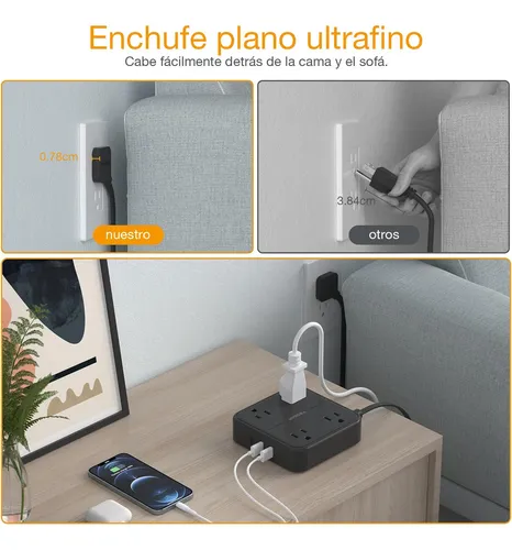 Regleta De Enchufe Plano Ultrafina, 4 Salidas, 3 Usb Tipo C