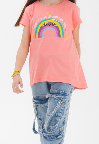 Remera Niña Despertando Estampada Arcoíris Algodón Rojo Arcoíris 14 Lisa