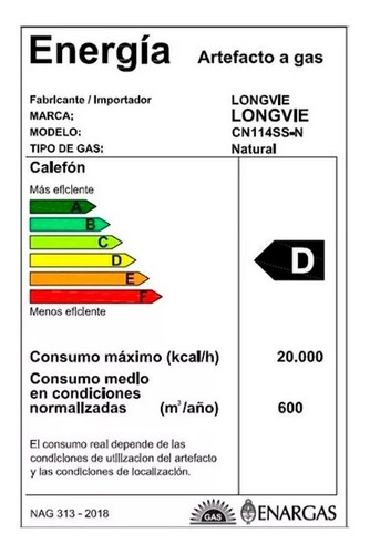 Imagen 3 de 3 de Calefón Longvie Tiro Natural 14lts. Cn114ss Gas Natural Pp